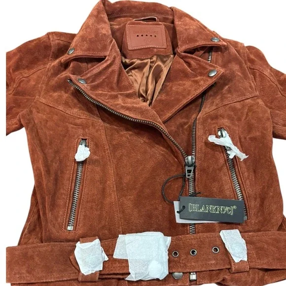 Blank NYC XS Rust Suede Leather Moto‎ Biker Jacket Zip Up Belted Womens NWT - Picture 3 of 13